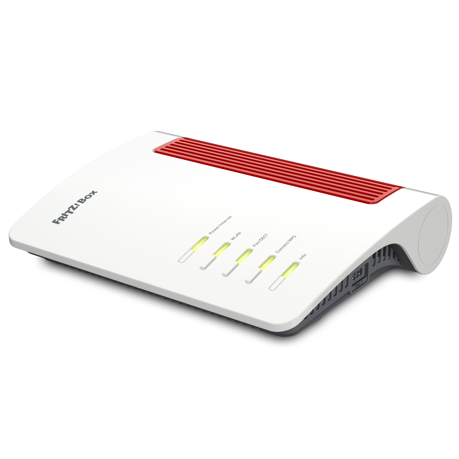 Een witte FRITZ!Box-router met rode accenten. Het heeft indicatielampjes, een gebogen zijkant en poorten. De achtergrond is zwart.