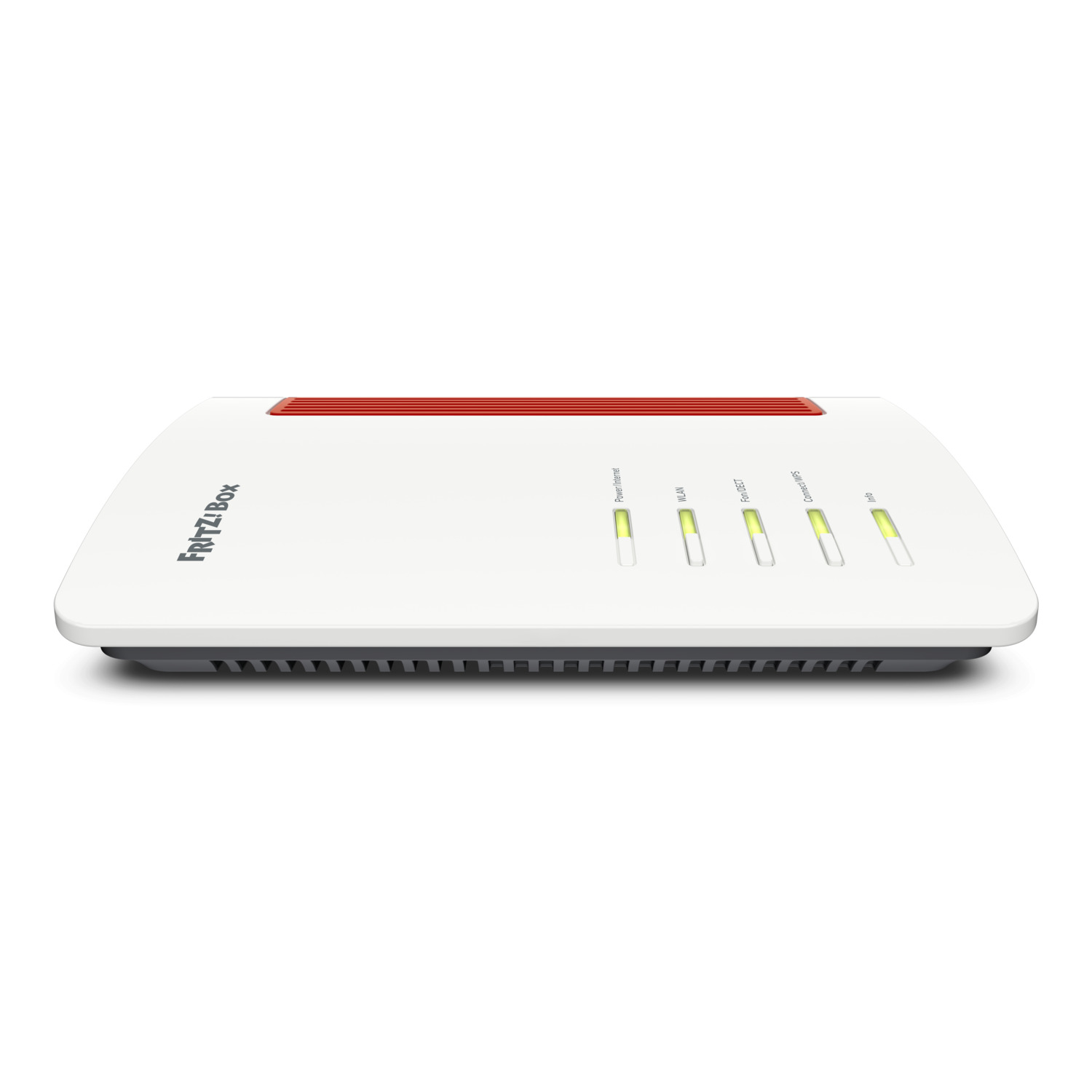 Witte en grijze router met rode accenten. Het heeft meerdere indicatielampjes en de merknaam 'FRITZ!Box'. De achtergrond is wit.