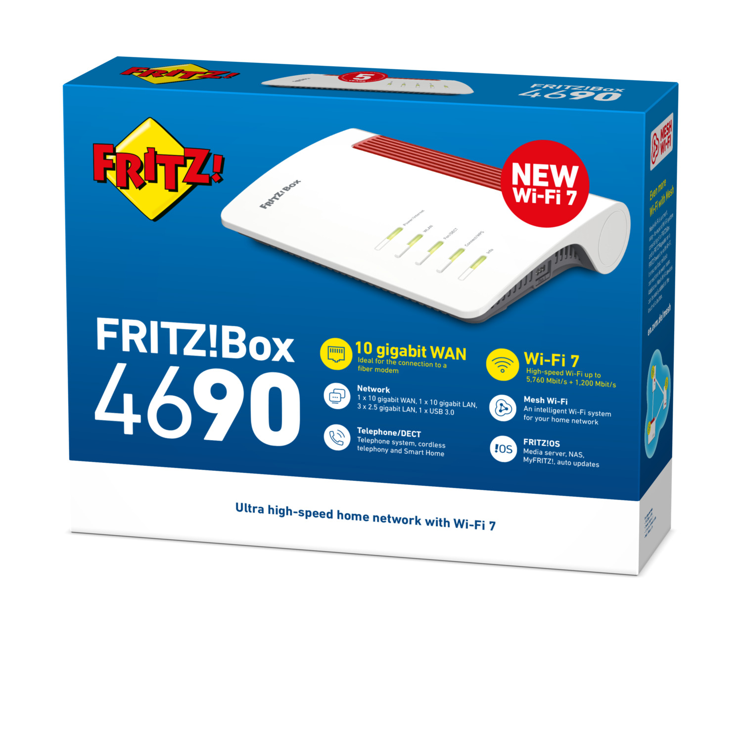 Doos met een witte en rode router, het label zegt "FRITZ!Box 4690" en "NEW Wi-Fi 7".
