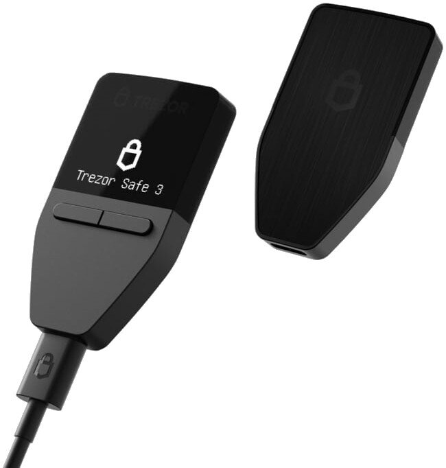 Dwa czarne urządzenia Trezor Safe 3. Jeden pokazuje ikonę kłódki i tekst. Drugi to gładka czarna osłona.