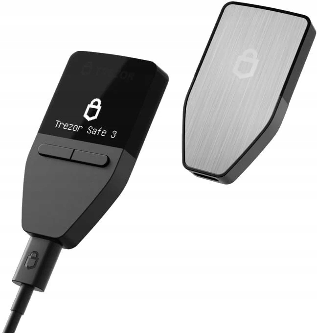 Pokazano dwa portfele sprzętowe Trezor Safe 3. Jeden jest czarny z ekranem wyświetlającym ikonę kłódki. Drugi jest srebrny.