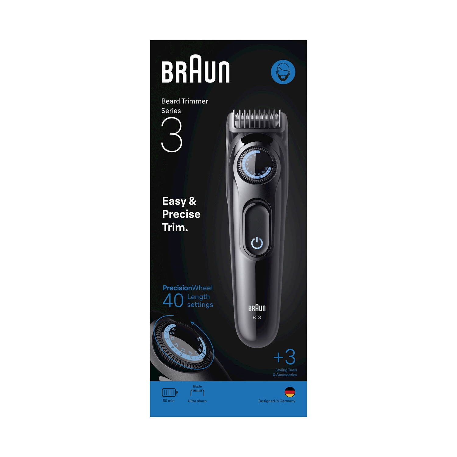 Una confezione nera di tagliabarba Braun. Ha un trimmer e la confezione mostra caratteristiche, impostazioni e accessori.