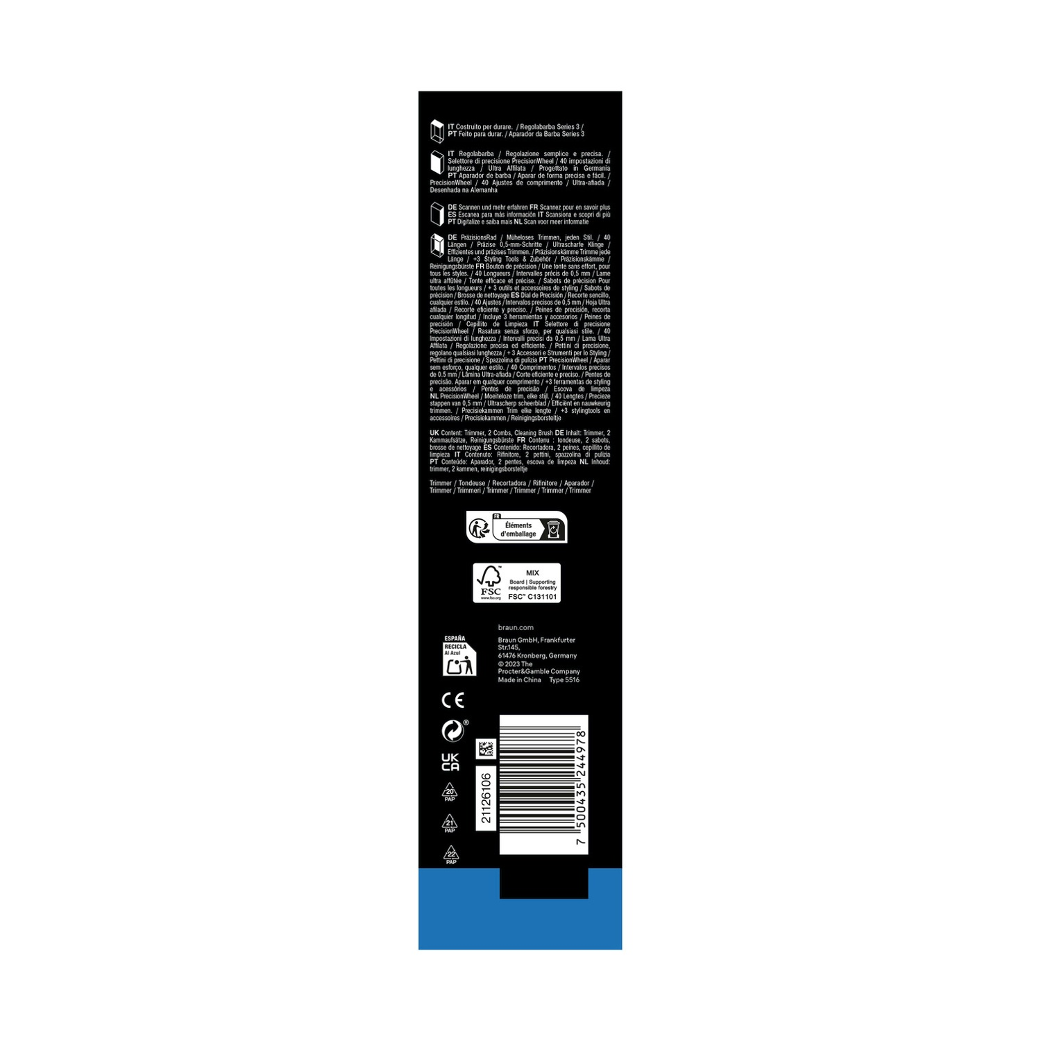 Scatola del prodotto con testo multilingue, logo e codice a barre.