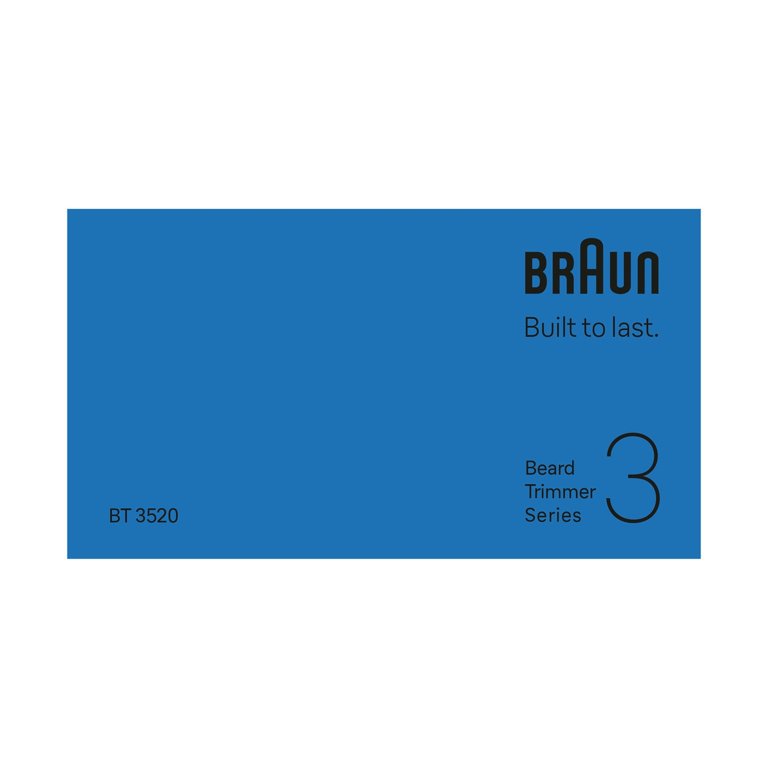 Scatola blu con logo Braun e testo: Built to last. Sotto, Beard Trimmer Series e il numero 3. Scritto BT 3520.