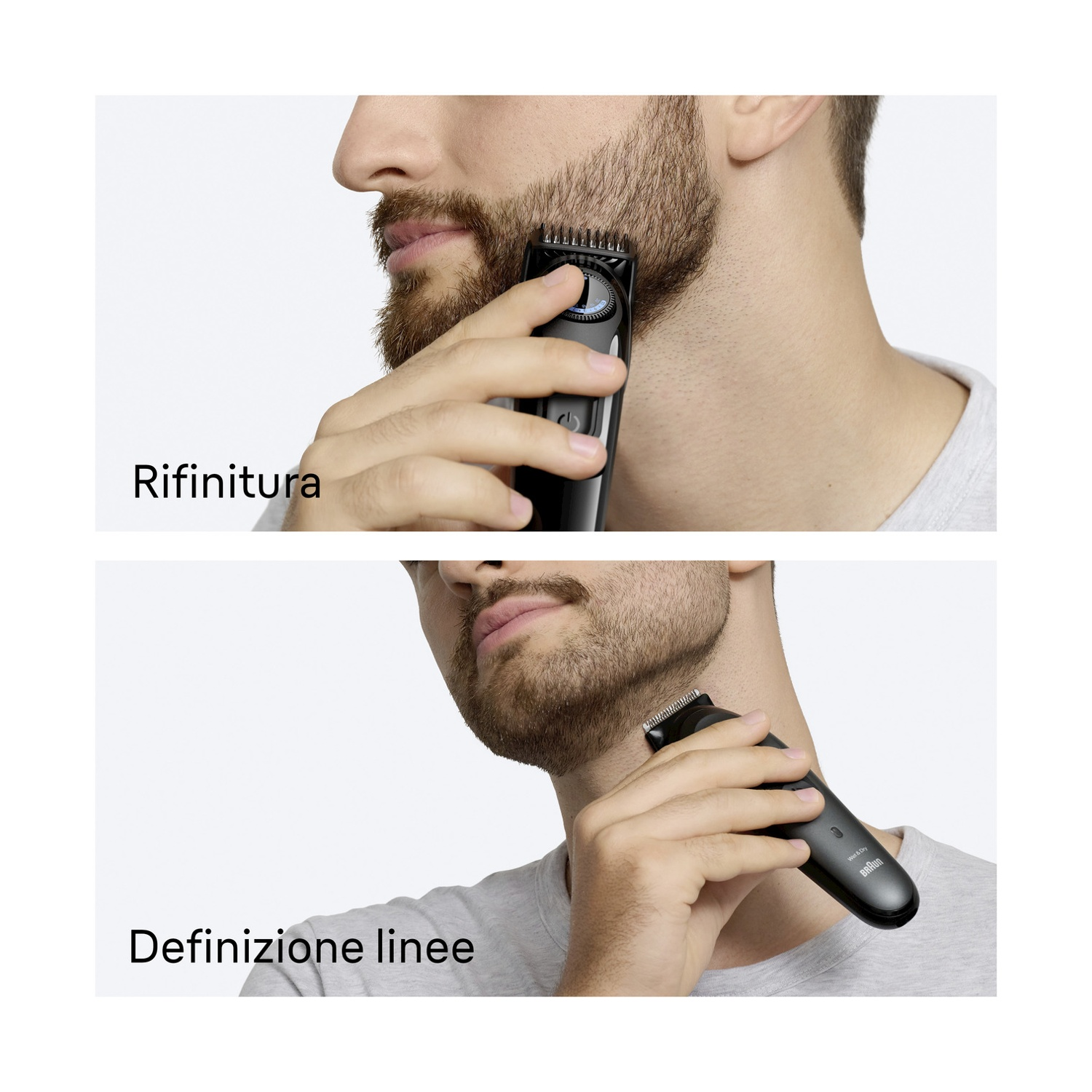 Un uomo si rade la barba con un rasoio elettrico. L'immagine mostra due diverse angolazioni del processo di rasatura. Il rasoio è nero.
