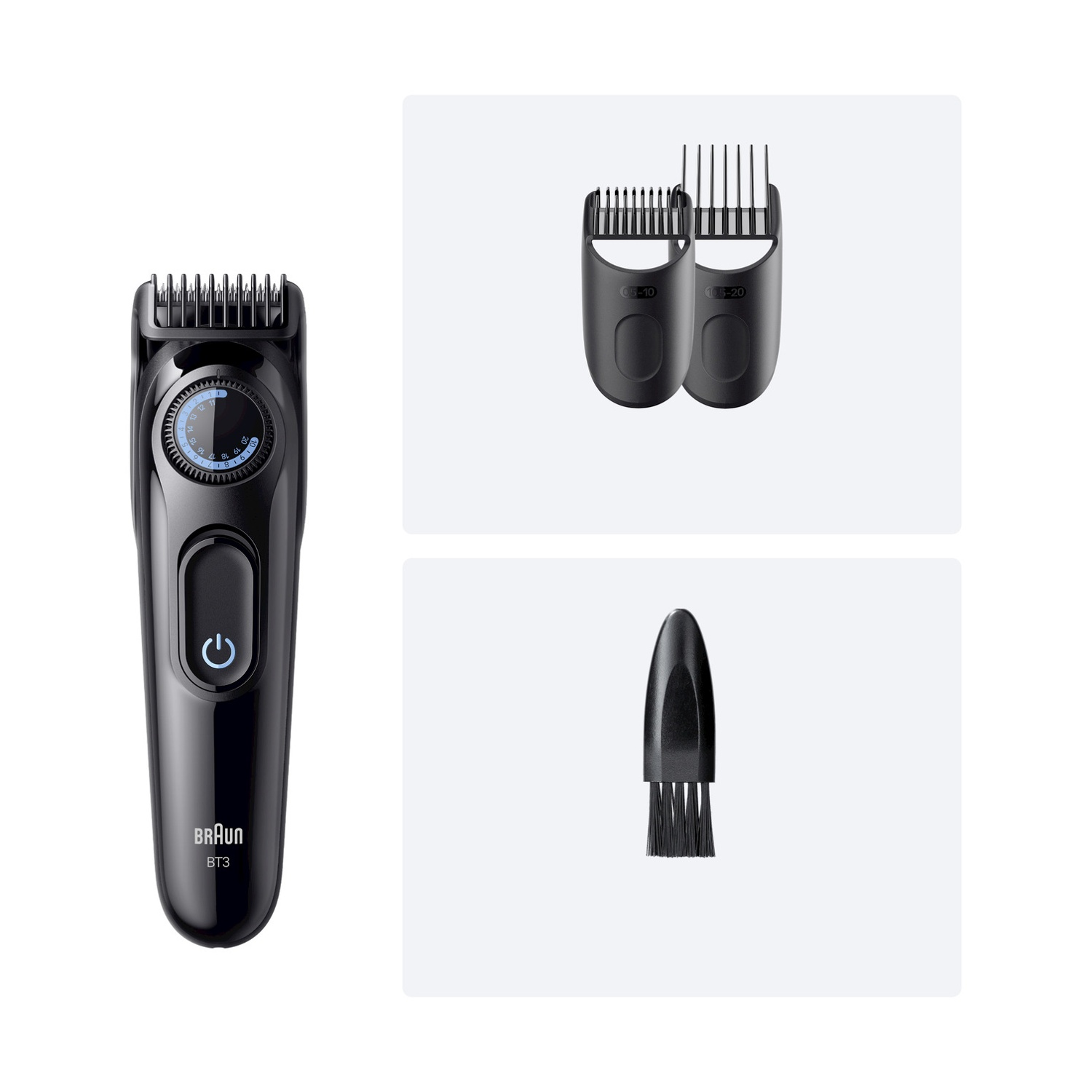 Un regolabarba Braun BT3 nero con accessori e spazzola per la pulizia, su sfondo bianco.
