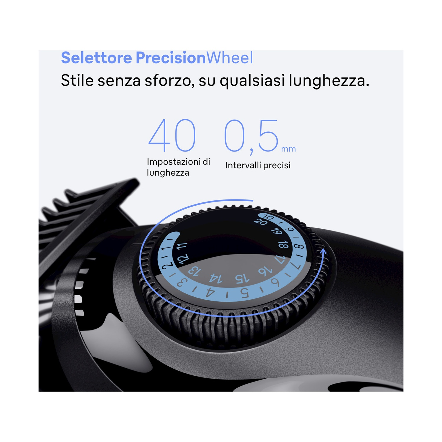 Primo piano di un dispositivo di toelettatura nero con un quadrante rotante che mostra numeri e testo in italiano.