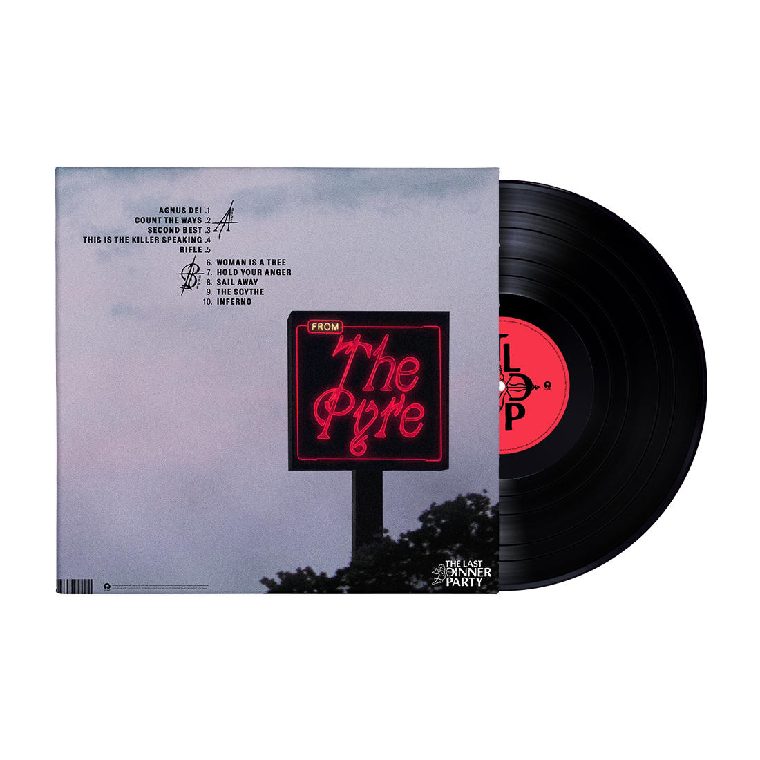 Albumcover mit Vinyl-Schallplatte. Das Cover hat Songtitel, ein Neonschild mit der Aufschrift "The Pyre" und ein Logo von "The Last Dinner Party".