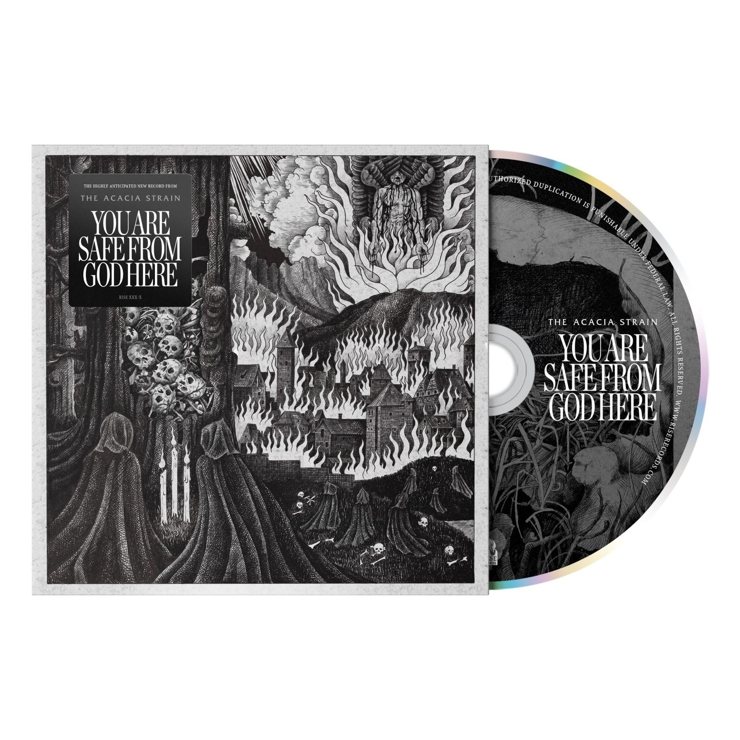 Albumcover zeigt eine Schwarz-Weiß-Illustration einer brennenden Stadt und Kapuzenfiguren, mit einer CD.