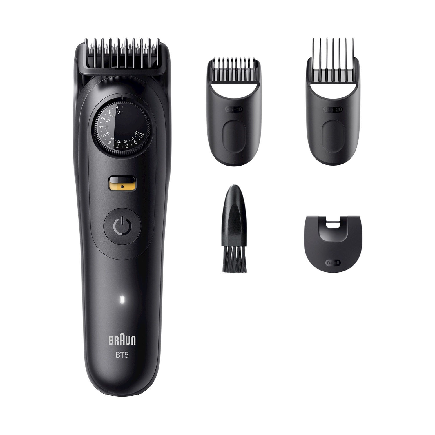 Un regolabarba nero Braun BT5 con accessori. Include testina, pettini, spazzolina di dettaglio e accessorio. Su sfondo bianco.