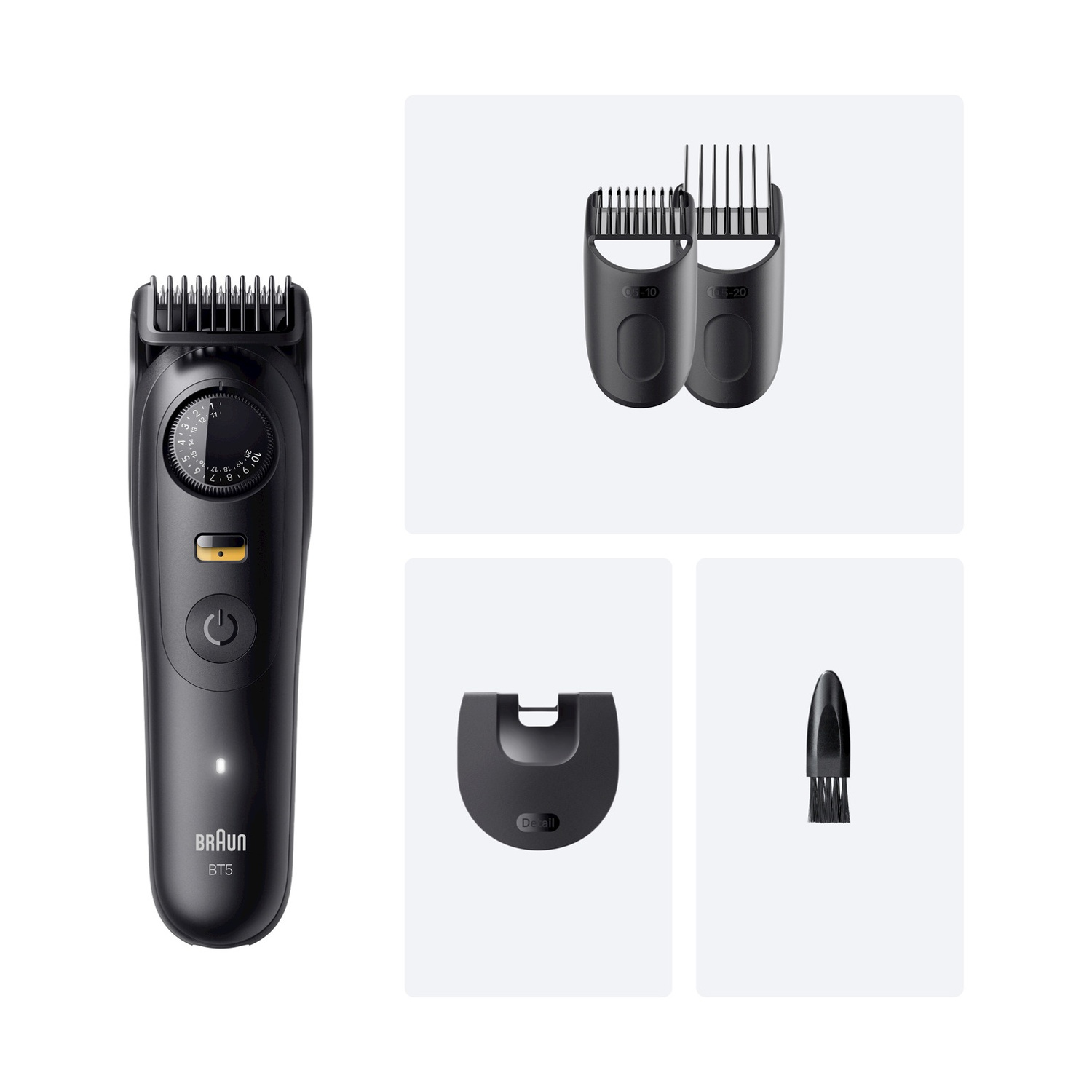 Un regolabarba Braun BT5 nero con accessori. Include due pettini, un rifinitore e una spazzola per la pulizia, su sfondo bianco.