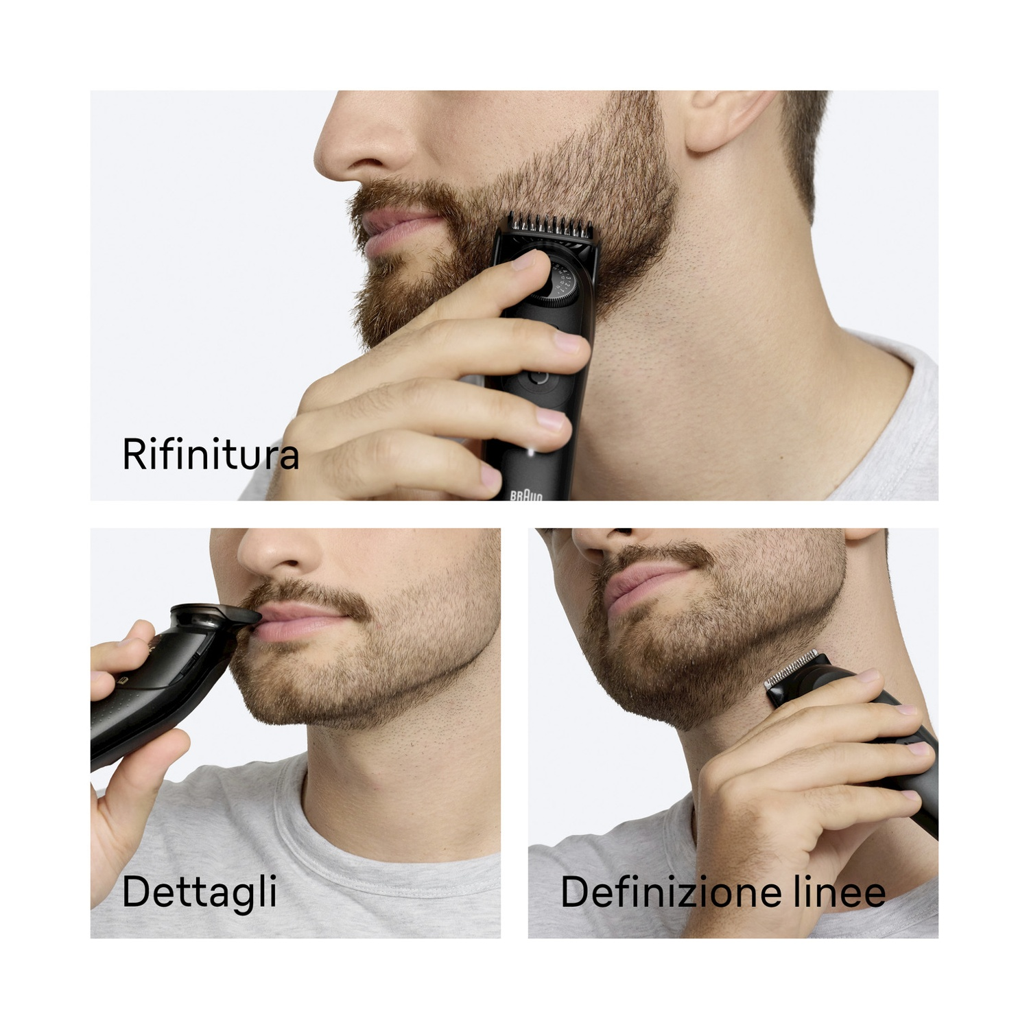 Un uomo usa un trimmer nero sulla barba e sul collo. L'immagine mostra tre primi piani che dimostrano l'uso del trimmer.