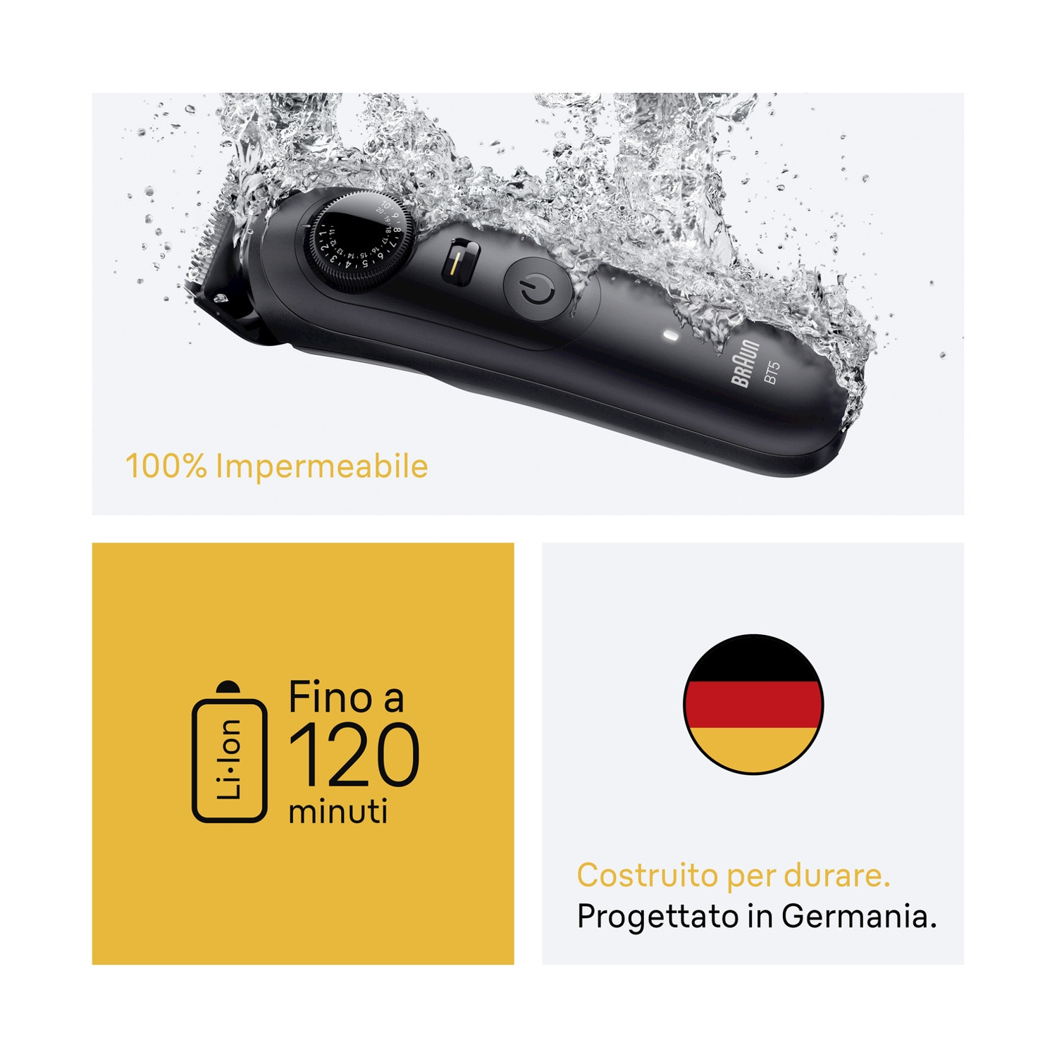 Trimmer Braun BT5 nero immerso nell'acqua. Caratteristiche: quadrante, pulsante on/off e icona batteria. Testo: 100% impermeabile.