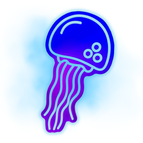 Stylizowana meduza z niebieską głową i fioletowymi mackami. Trzy małe kółka na górze głowy. Ma neonowy kontur.