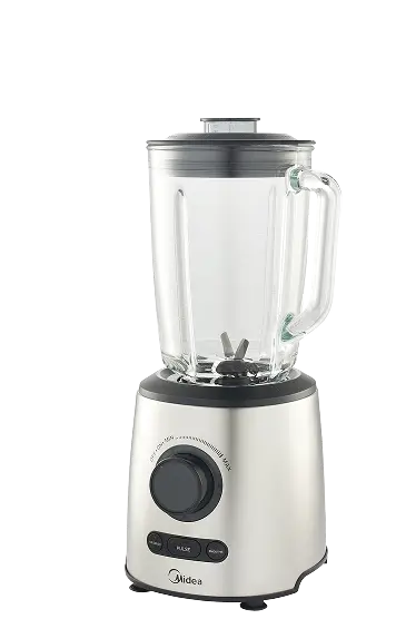 Srebrny blender ze szklanym dzbanem i czarną pokrywką. Ma panel sterowania z przyciskami i pokrętłem.