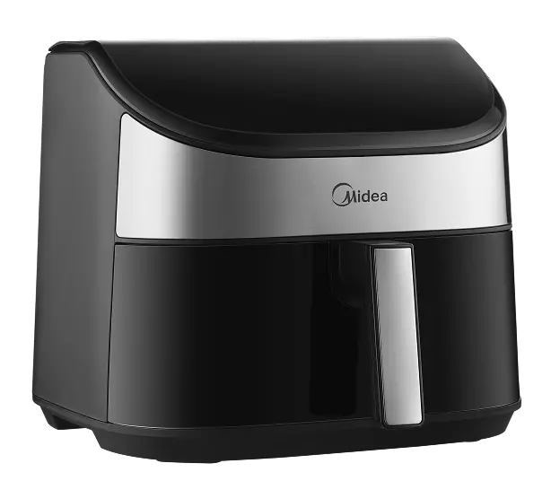 Czarna i srebrna frytownica Midea. Ma uchwyt i logo Midea.