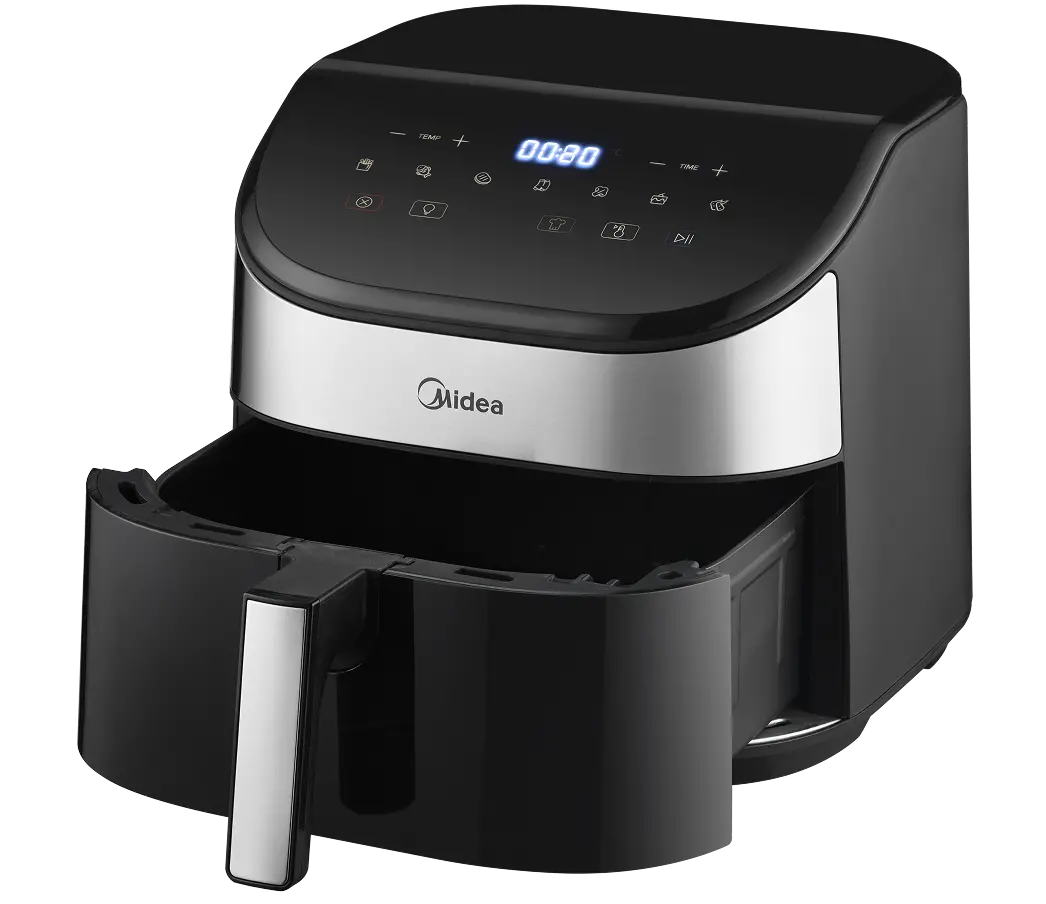 Czarna frytkownica powietrzna Midea z otwartą szufladą. Na górze wyświetlacz cyfrowy pokazuje 00:30. Srebrne akcenty z przodu.