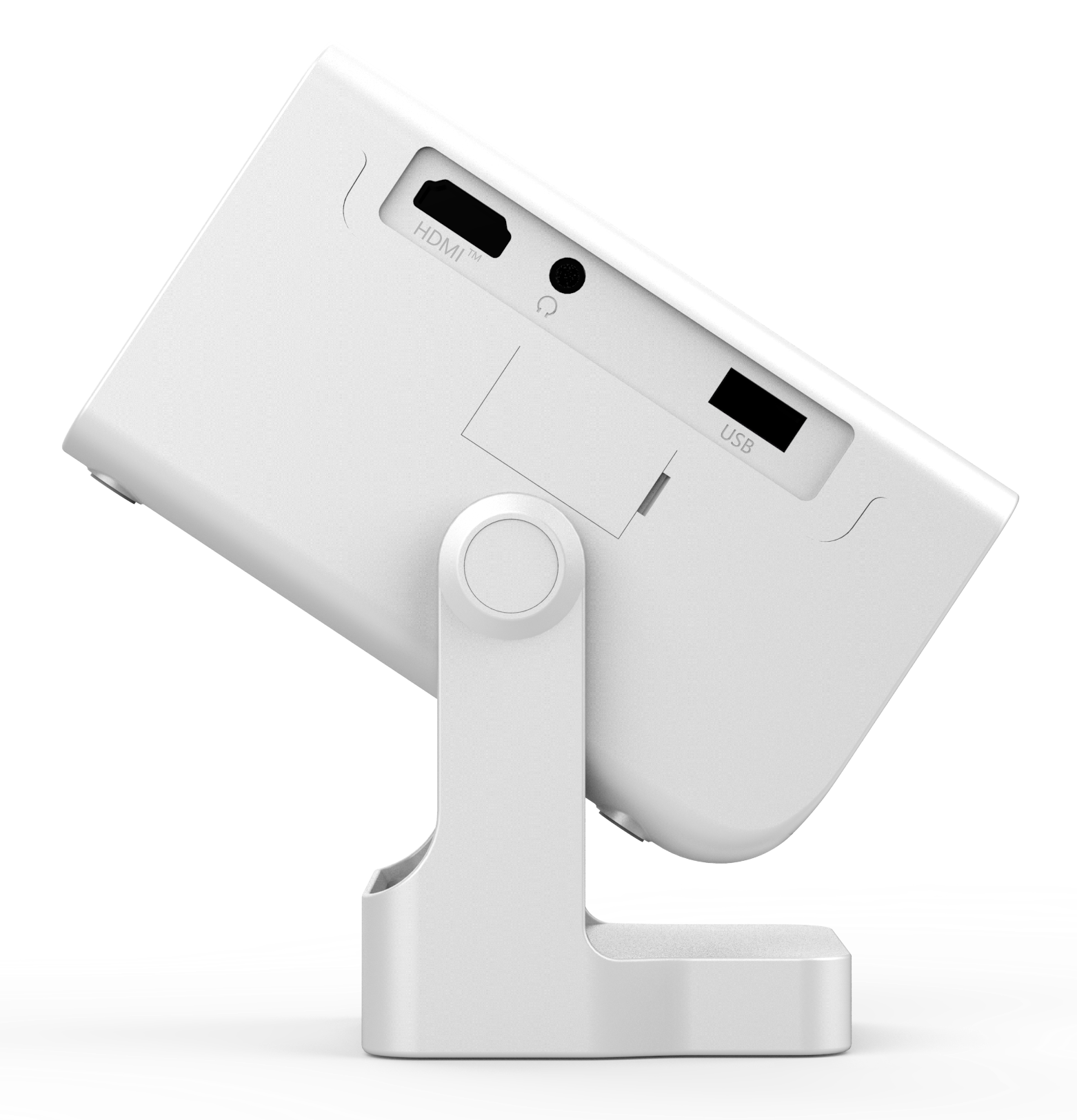 Biały projektor na stojaku, pod kątem. Posiada porty HDMI i USB. Tło jest czarno-białe.