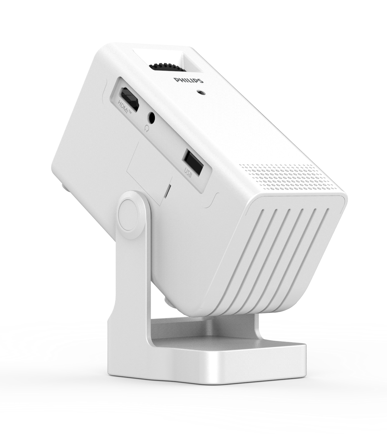 Biały projektor Philips, lekko pochylony, spoczywa na białym stojaku. Posiada porty HDMI, USB i regulację ostrości.