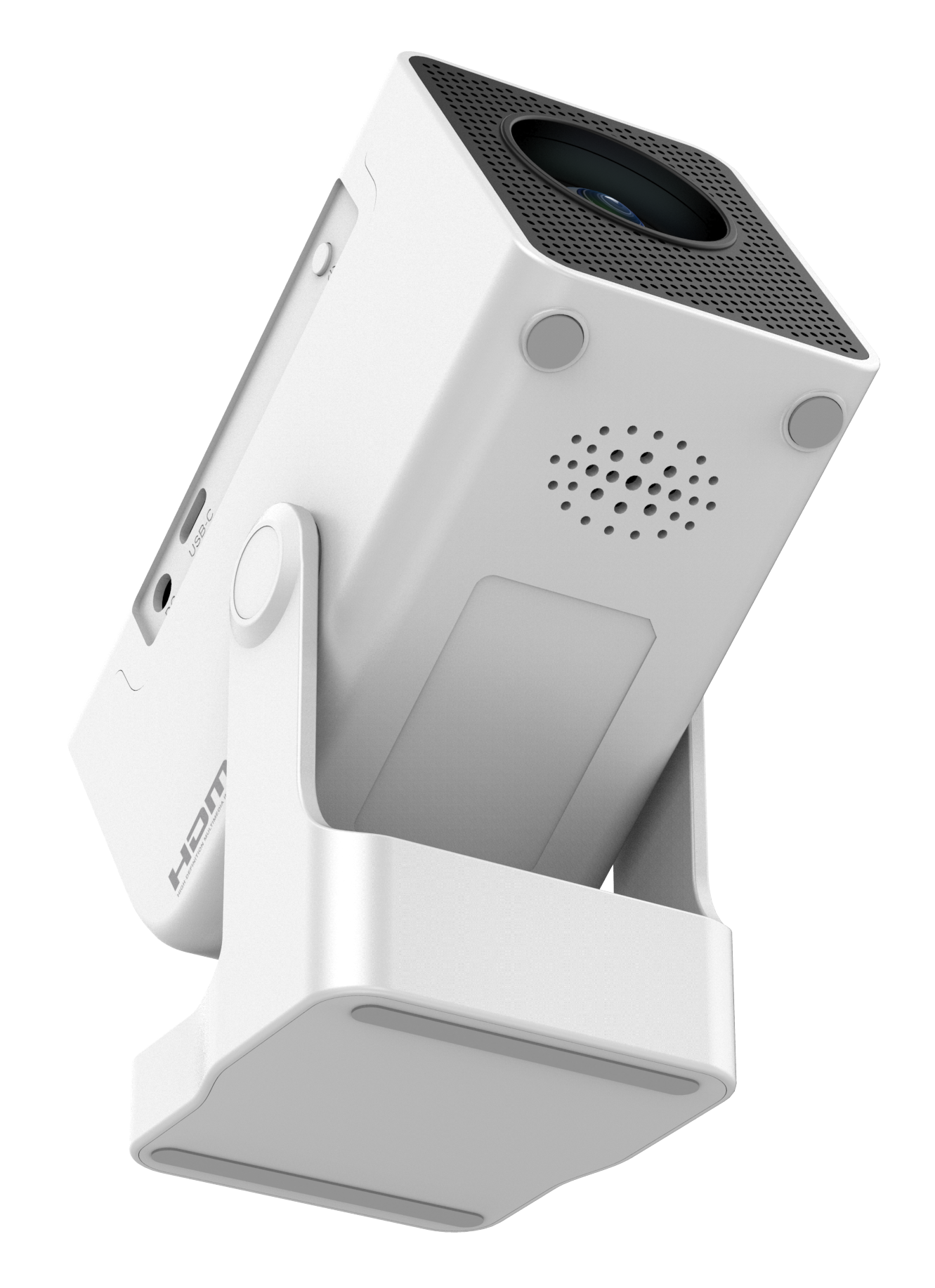 Biały projektor z czarnym blatem, zamontowany na białym stojaku. Podstawa ma szare podkładki. Tło jest czarne.