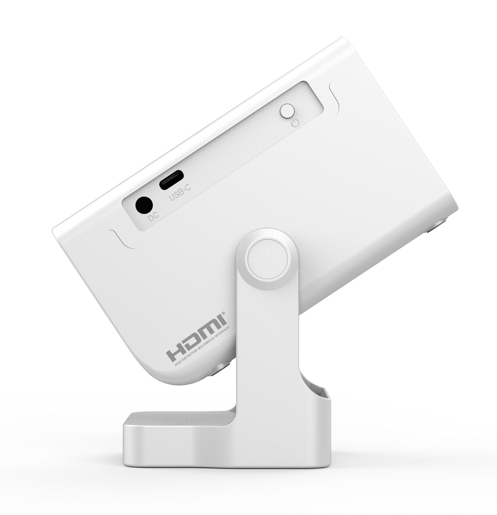 Biały projektor skierowany w górę. Posiada HDMI, USB-C i przycisk zasilania. Jest zamontowany na białym stojaku.
