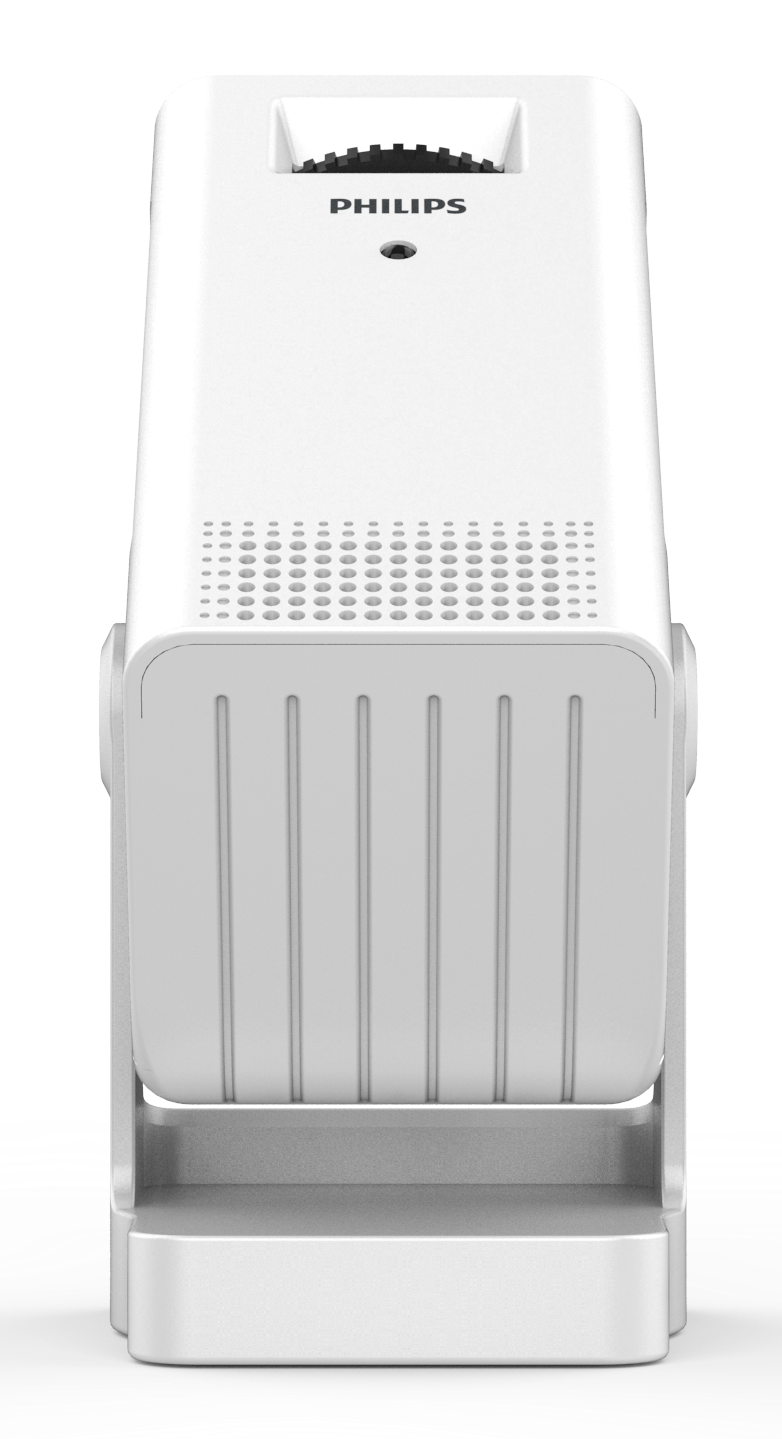 Biały oczyszczacz powietrza Philips. Ma prostokątny korpus z kratką i logo Philips. Stoi na srebrnej podstawie.