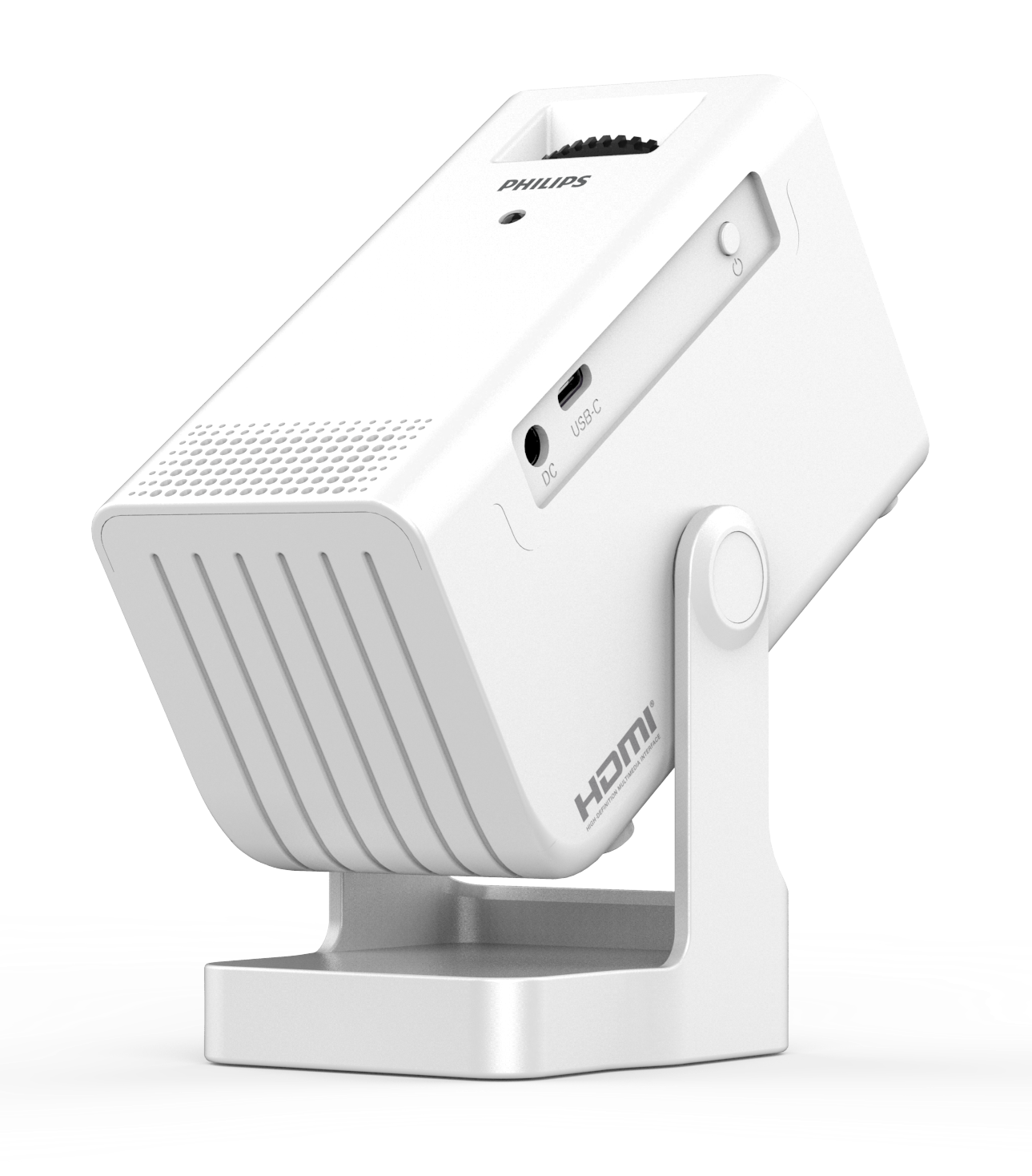 Biały projektor Philips na stojaku. Posiada porty USB-C i HDMI. Urządzenie ma otwory wentylacyjne i logo Philips.