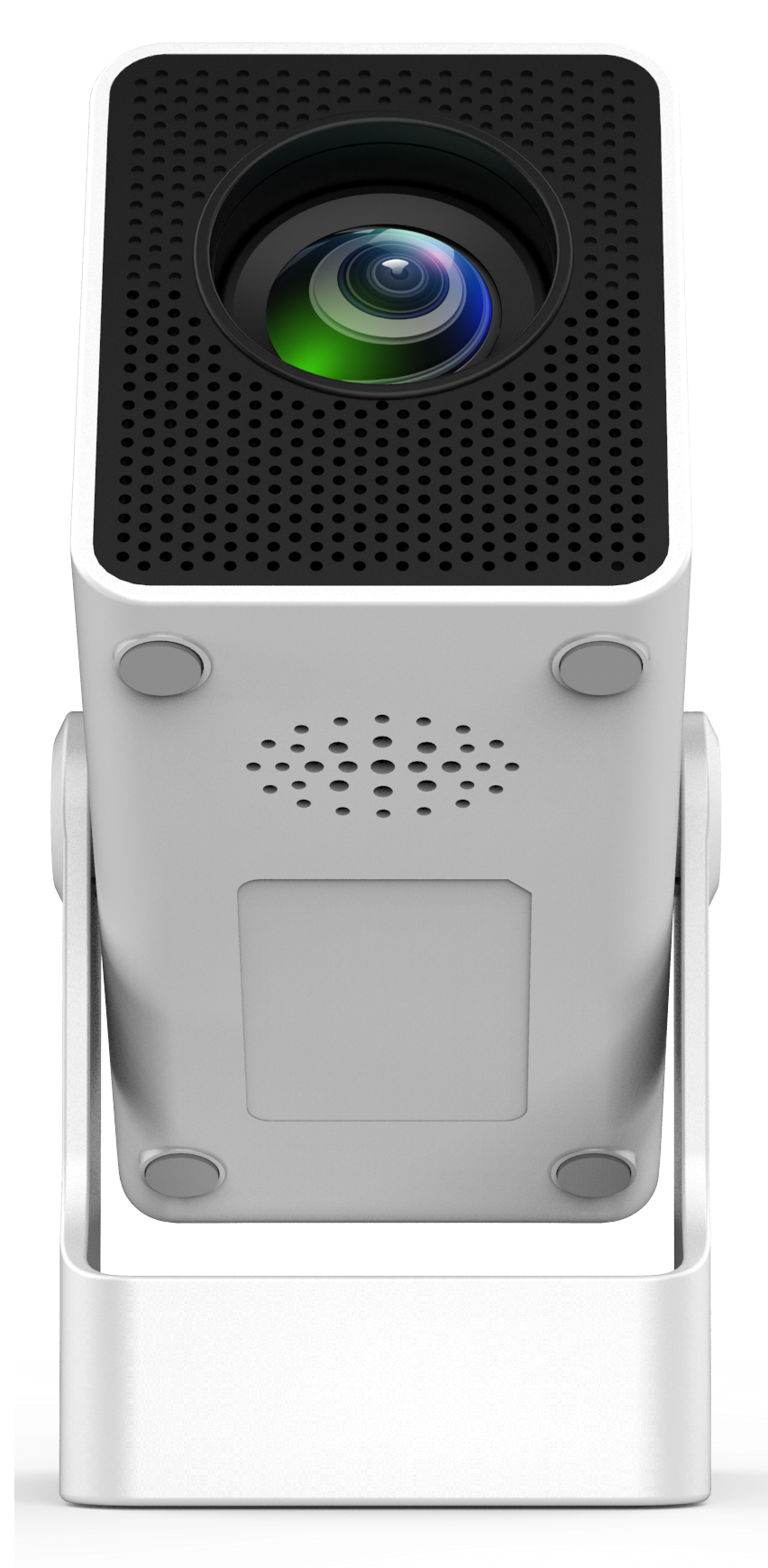 Biały projektor z czarnym obiektywem, głośnikiem i podstawą. Obiektyw otoczony czarną siatką.