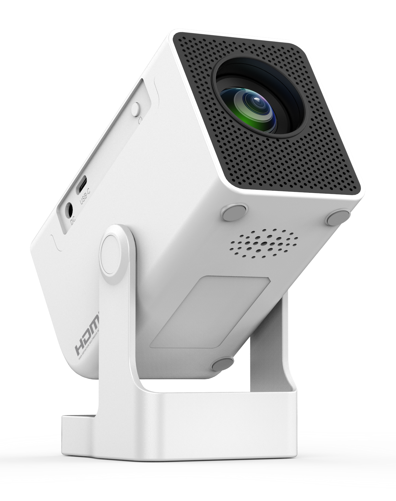 Biały projektor na białym stojaku. Posiada obiektyw, otwory wentylacyjne i porty. Tło jest czarne.