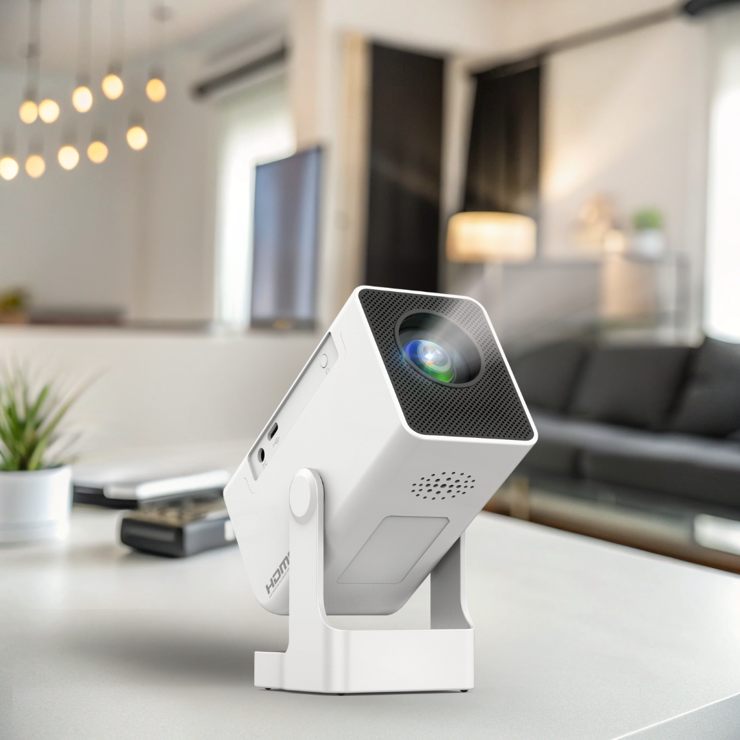 Biały projektor na stojaku, lekko pochylony. Pilot i roślina w tle. W pokoju kanapa i telewizor.