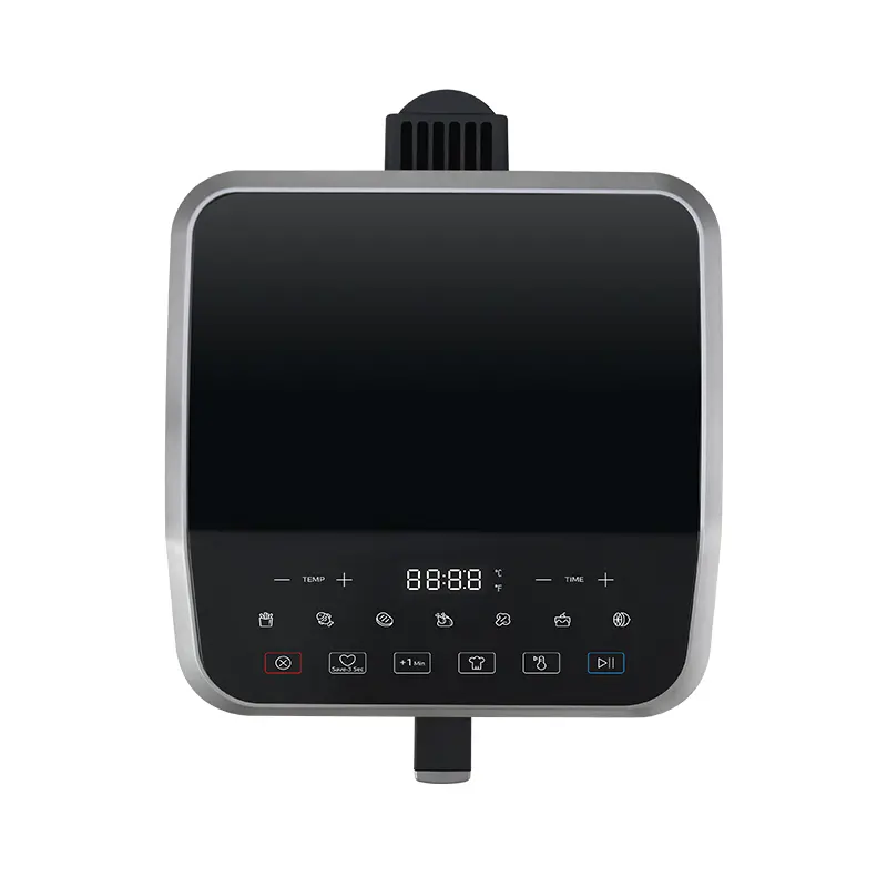 Widok z góry na czarny i srebrny panel sterowania frytkownicy powietrznej. Posiada wyświetlacz cyfrowy z numerami i różnymi ikonami sterowania.