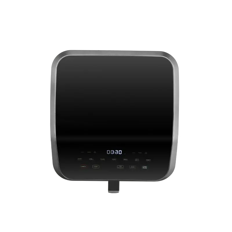 Czarna kuchenka mikrofalowa z wyświetlaczem 00:30. Przyciski ustawień pod ekranem. Kuchenka ma srebrną ramę.