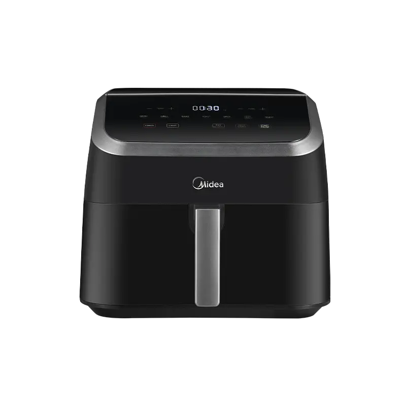 Czarna frytkownica beztłuszczowa Midea. Wyświetlacz cyfrowy 00:30. Srebrny uchwyt i przyciski. Tło białe.