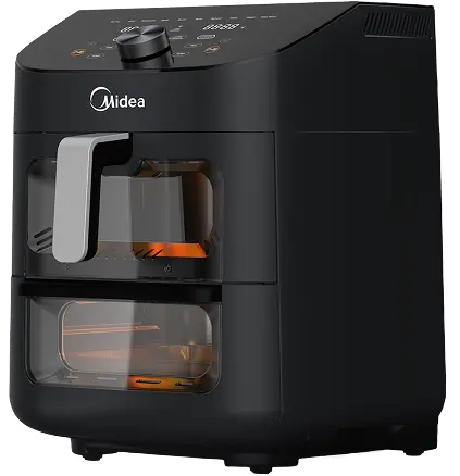 Czarna frytkownica Midea z dwoma przezroczystymi przegrodami i srebrnym uchwytem. Ma cyfrowy wyświetlacz i pokrętło sterowania.