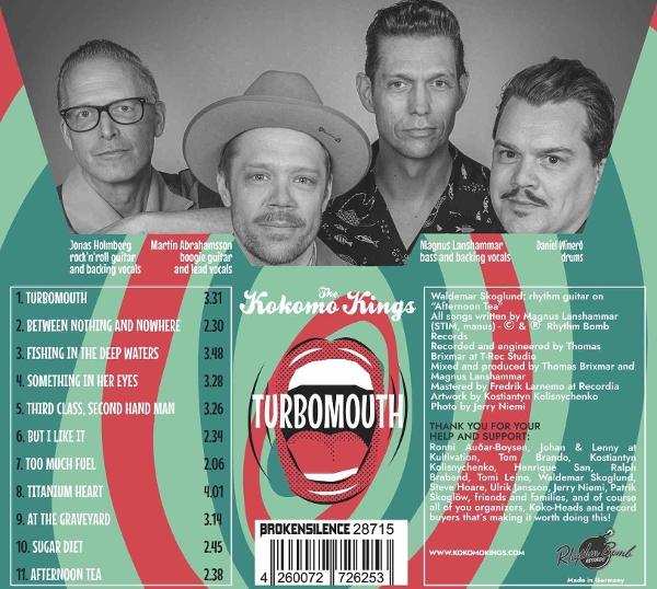 Albumcover von The Kokomo Kings, vier Männer, Bandmitglieder, mit Titelliste und einer Mundgrafik.