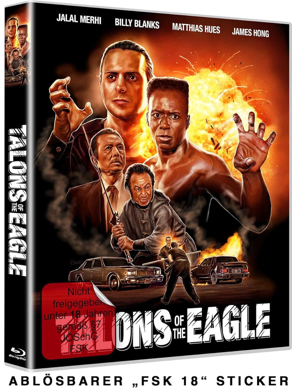 Filmcover mit Schauspielern, Titel 'Talons of the Eagle', Explosionen und Autos. Enthält einen Aufkleber mit Altersbeschränkung.