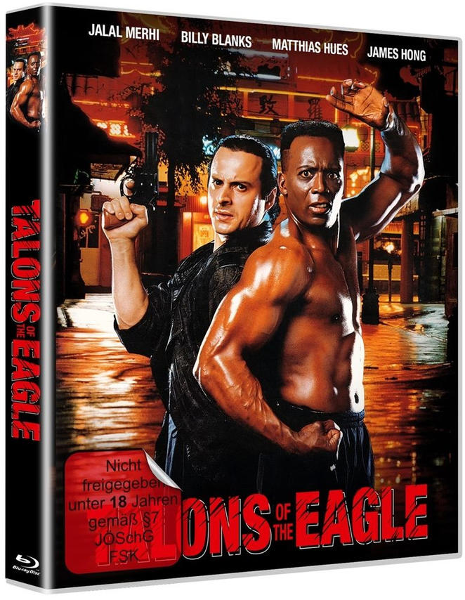 Filmcover. Zwei Männer, einer mit einer Pistole, der andere muskulös und ohne Hemd. Titel: Talons of the Eagle.