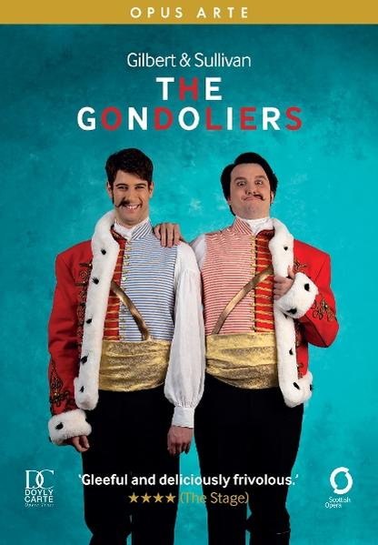 Zwei Männer in Kostümen posieren für ein DVD-Cover. Der Text lautet 'The Gondoliers' und 'Gilbert & Sullivan'.