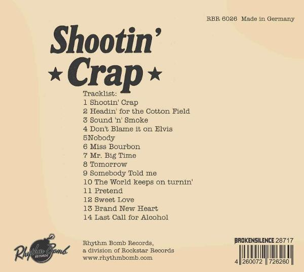 CD-Cover mit dem Titel "Shootin' Crap" und einer Titelliste. Das Logo von Rhythm Bomb Records befindet sich unten links.