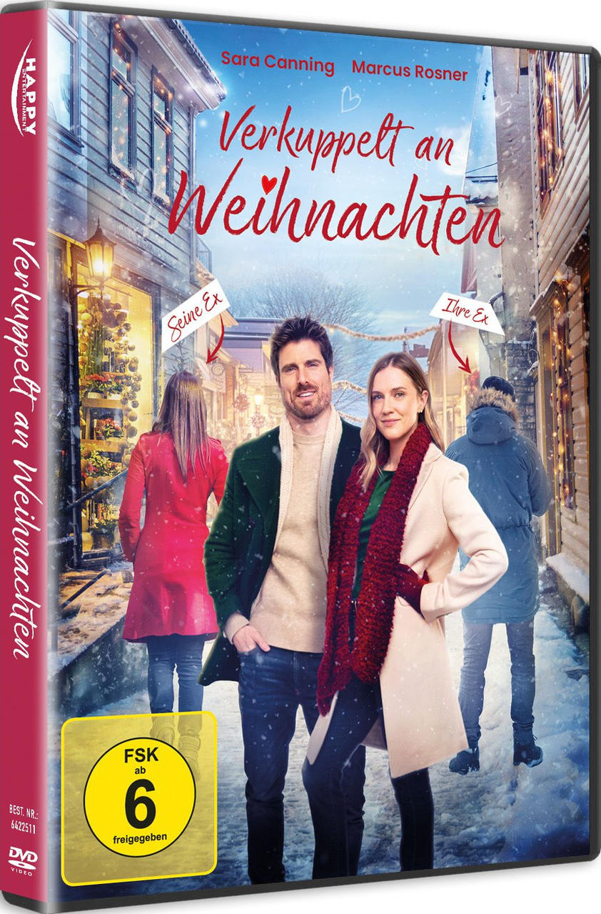DVD-Cover mit einem Paar vor einer verschneiten Straße, Titel ist "Verkuppelt an Weihnachten". Andere Personen sind im Hintergrund.