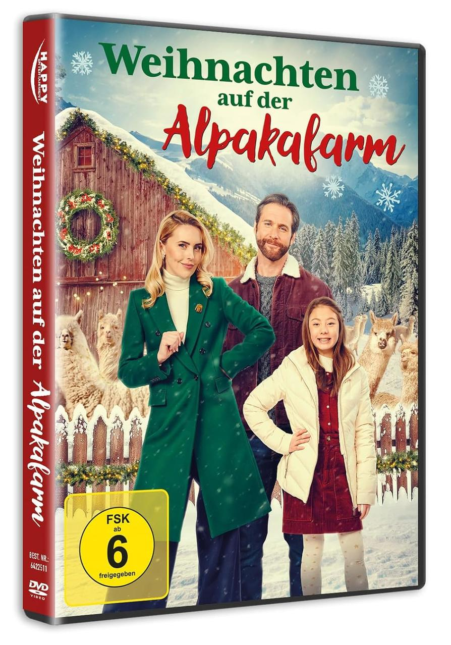 DVD-Cover. Titel: Weihnachten auf der Alpakafarm. Familie mit Alpakas in verschneiter Umgebung. Scheune und Berge sichtbar.