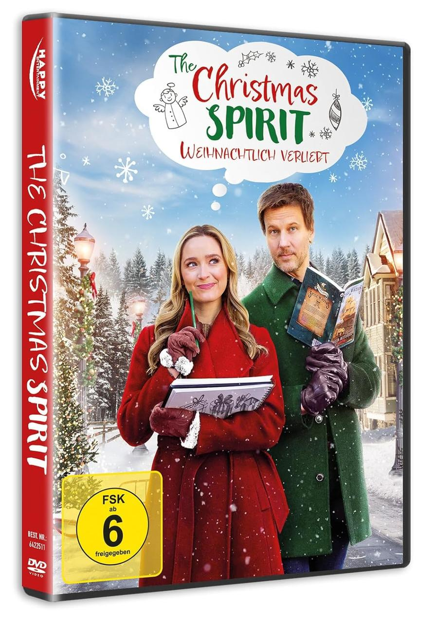 DVD-Cover: Ein Paar in einer verschneiten Weihnachtsszene. Frau in rotem Mantel, Mann in Grün, Titel 'The Christmas Spirit'.