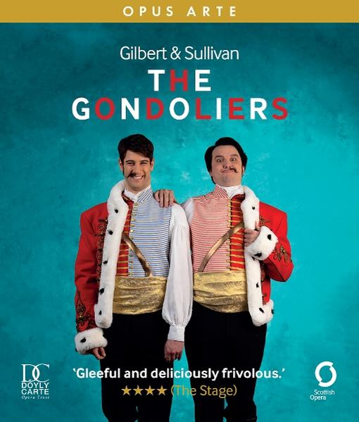Zwei Männer in Kostümen aus der Oper 'The Gondoliers'. Einer in Rot, einer gestreift. Text oben 'Gilbert & Sullivan'.