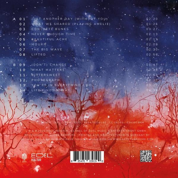 Albumcover mit Titelliste, Text auf blauem und rotem Hintergrund, Baumsilhouetten und Barcode unten.