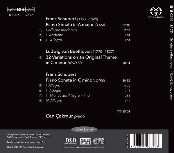 CD-Cover mit Kompositionen von Schubert und Beethoven, gespielt von Can Çakmur. Schwarzer Hintergrund mit weißem Text.