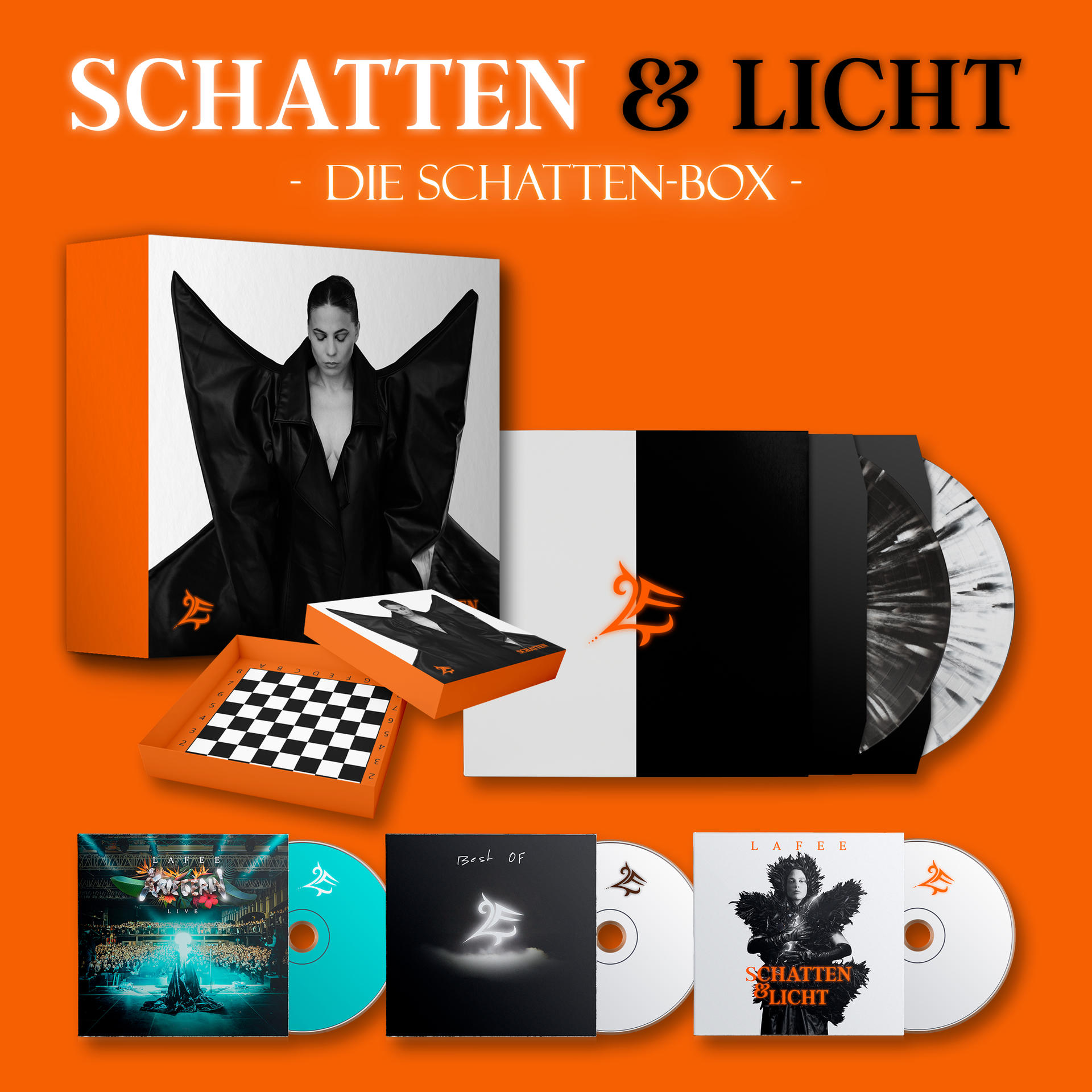 Album-Box-Set mit Frau in Schwarz, CDs, Vinyl-Schallplatten, Schachbrett, orange und weiß. Text: Schatten & Licht.