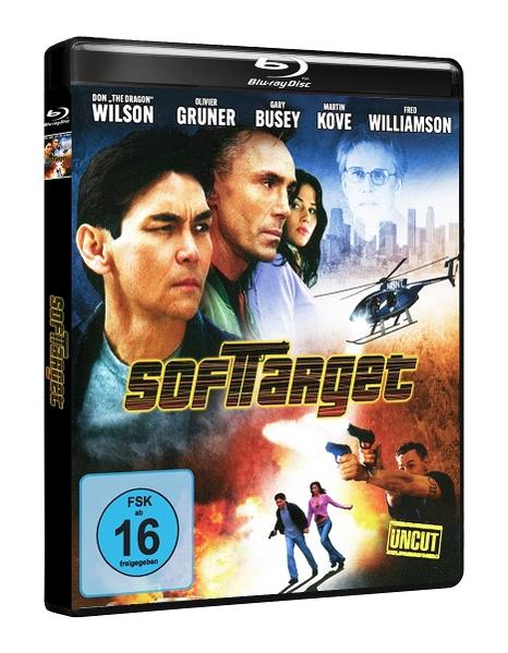 Blu-ray-Cover des Films Soft Target. Enthält Schauspieler, Hubschrauber und eine Stadtkulisse. FSK 16-Rating sichtbar.