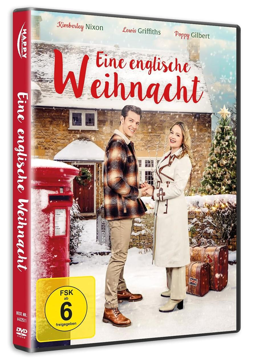 DVD-Cover: Ein Paar hält sich vor einem Haus an den Händen. Der Titel lautet 'Eine englische Weihnacht' mit Weihnachtsdekorationen.