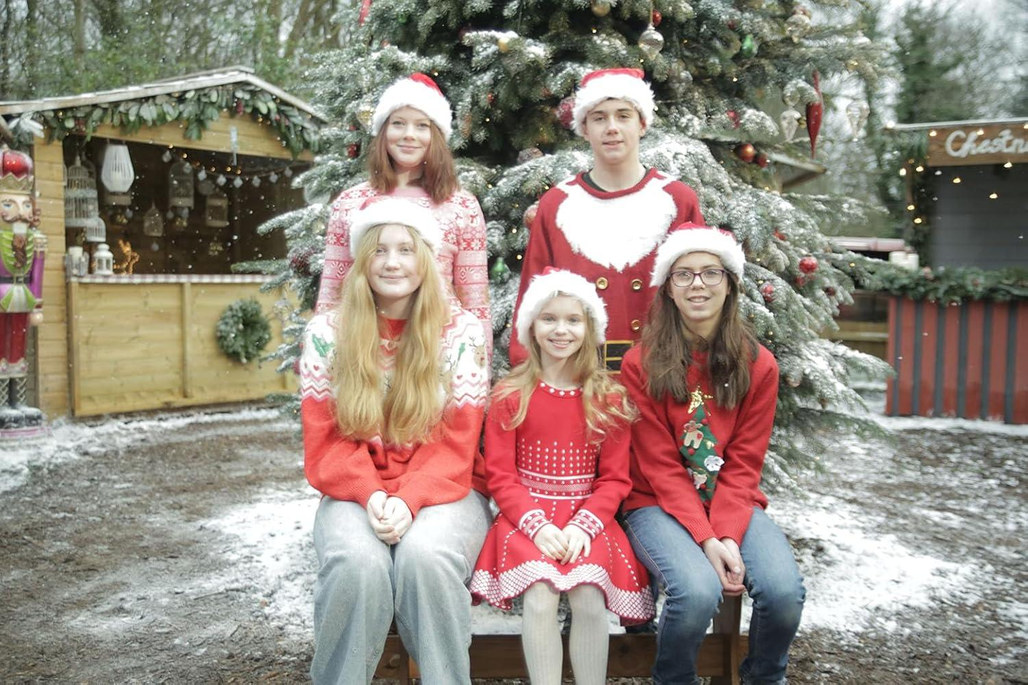 Gruppe von sechs Personen mit Weihnachtsmützen und -pullovern vor einem Weihnachtsbaum in einer verschneiten Umgebung.