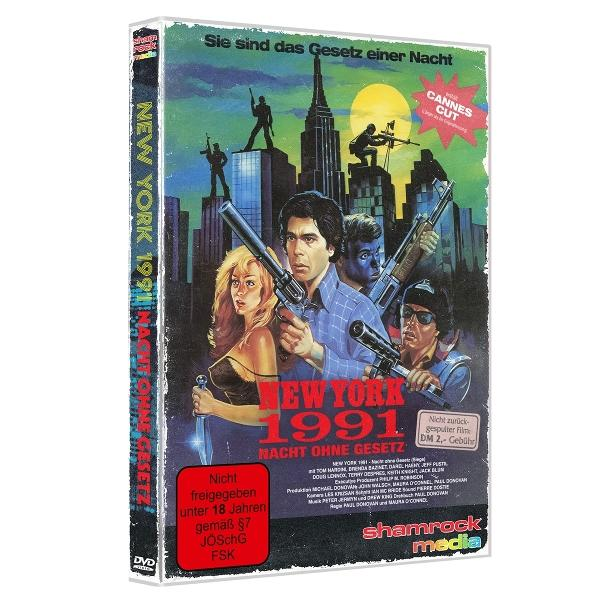 Filmcover von 'New York 1991'. Zeigt Schauspieler mit Waffen vor einer Skyline. Text auf Deutsch und Englisch.